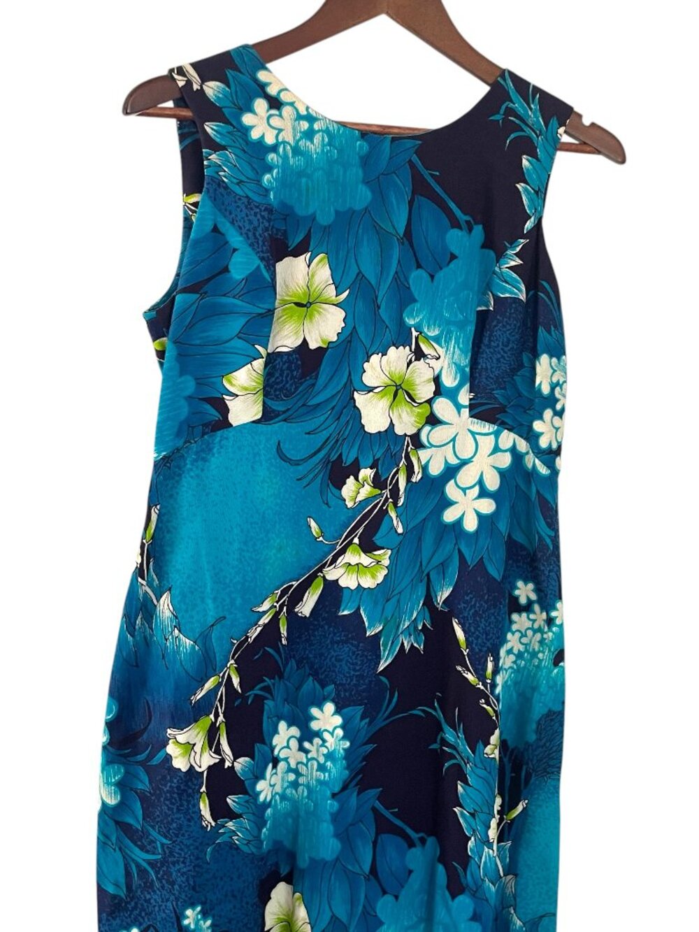 Vintage 70s BJ's Fashions Maxi Dress Small S Blue Hawaiian Floral Barkcloth